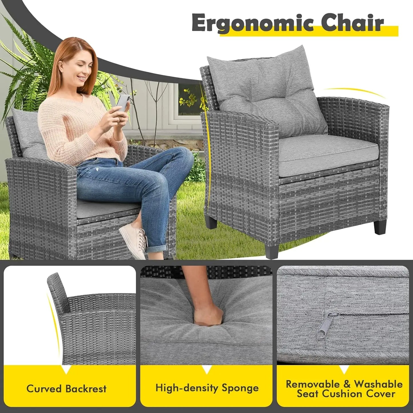 3 Piece Outdoor Patio Furniture Set With PE Rattan Chairs And Glass Table