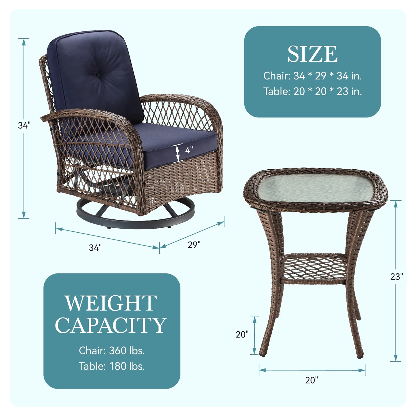 3 Piece Patio Furniture Set With Cushioned Bistro Chairs