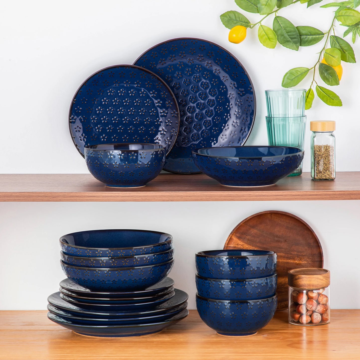 MALACASA Lydia Stoneware Dinner Set Embossed Plates And Bowls