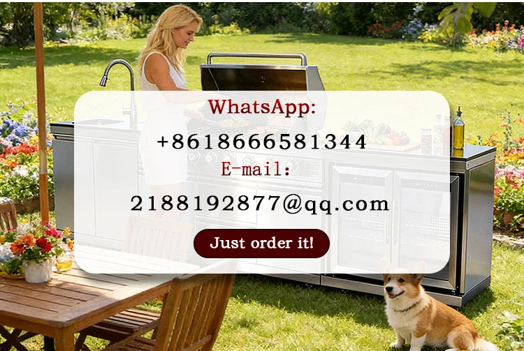 Stainless Steel Outdoor Kitchen With BBQ Grill And Refrigerator On Wheels
