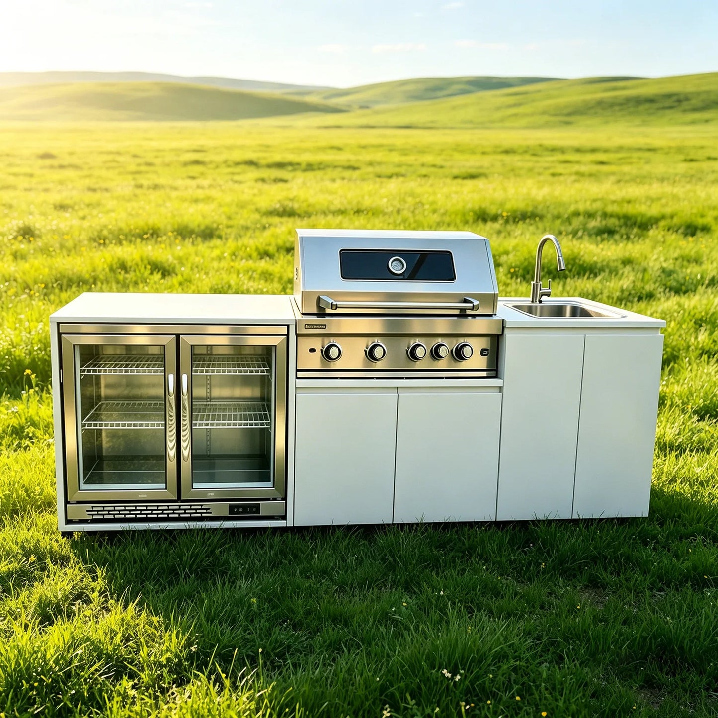 Stainless Steel Outdoor Kitchen With BBQ Grill And Refrigerator On Wheels