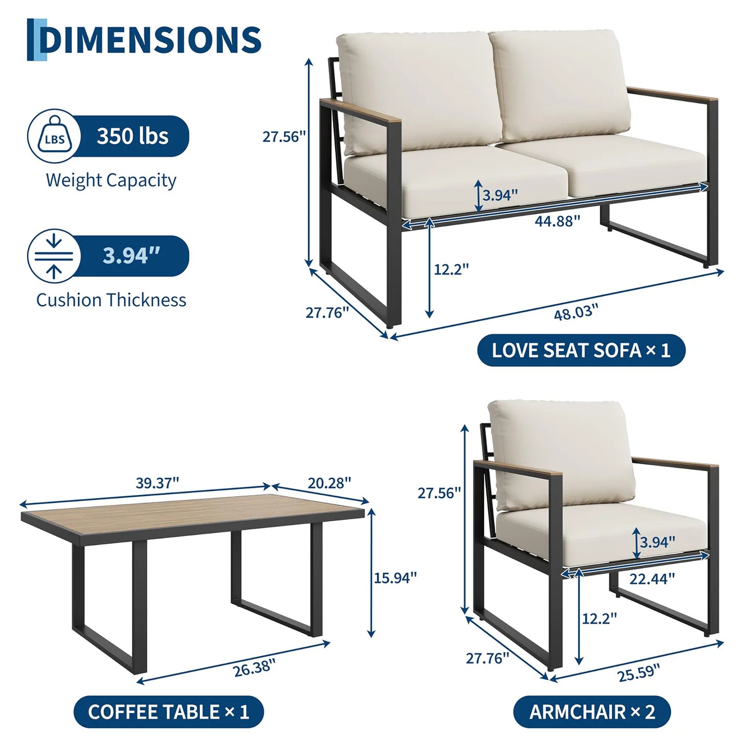 HobbyLane 4 Piece Patio Furniture Set Outdoor Sofa Coffee Table