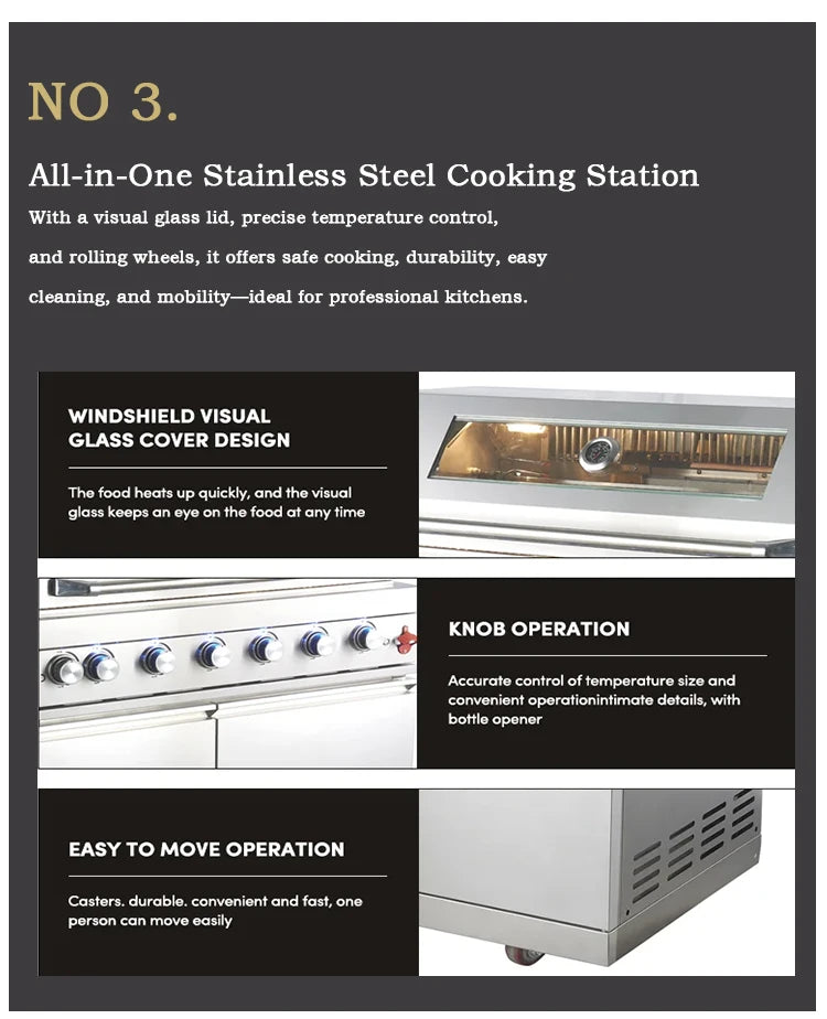 Stainless Steel Outdoor Kitchen With BBQ Grill And Refrigerator On Wheels