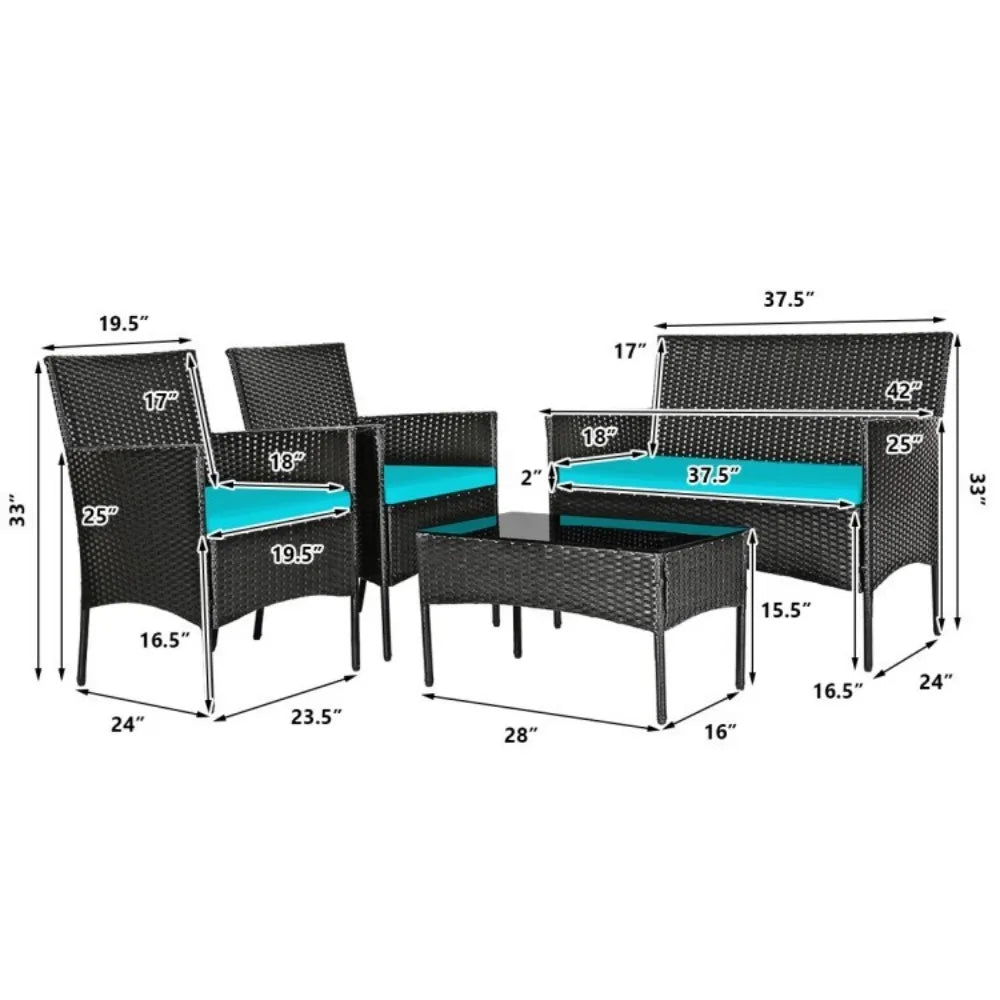 Patio Rattan Cushioned Sofa Set With Tempered Glass Coffee Table