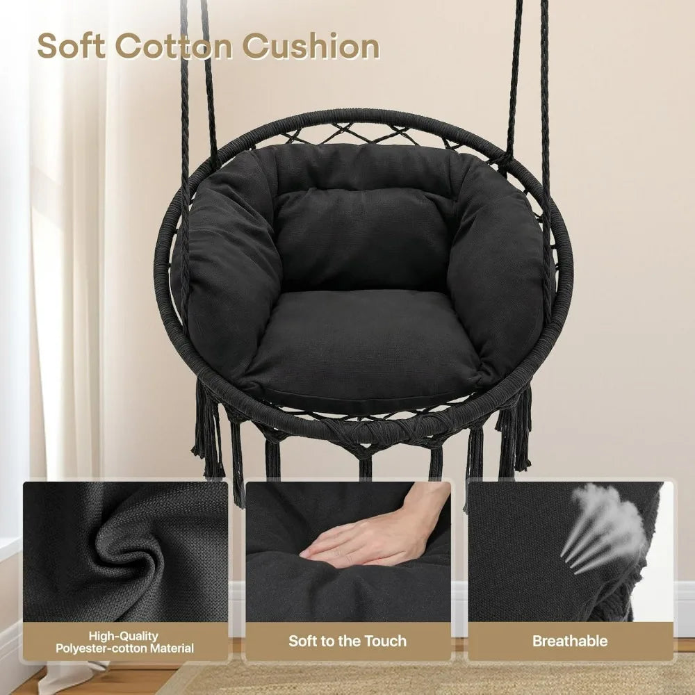 Hammock Swing Chair Cotton Cushions Macrame Rope Indoor Outdoor Furniture