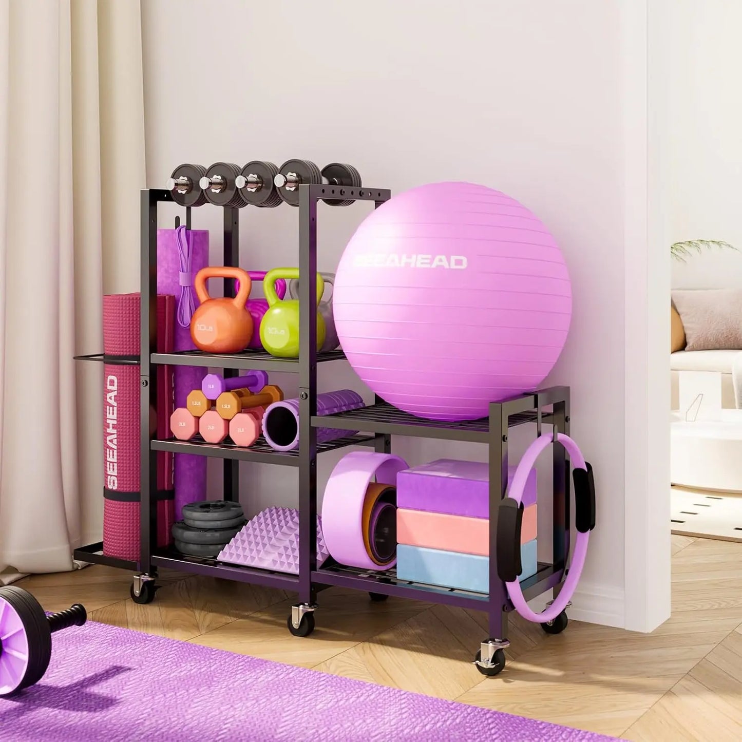 6-Tier Adjustable Gym Storage Rack With Wheels For Dumbbells, Yoga Mats, And Fitness Equipment