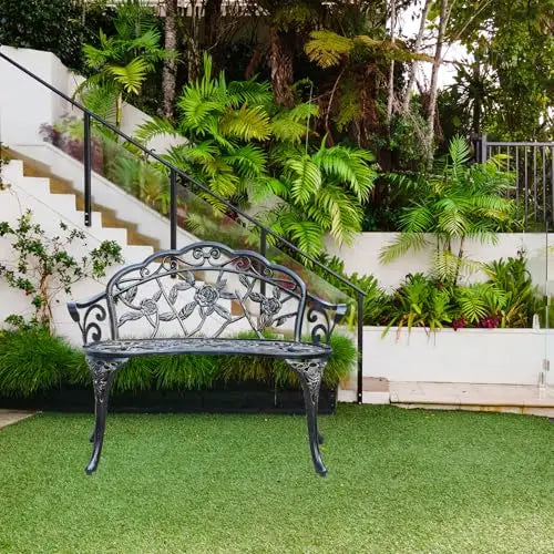 Elegant Cast Aluminum Outdoor Bench With Rose Vine Design