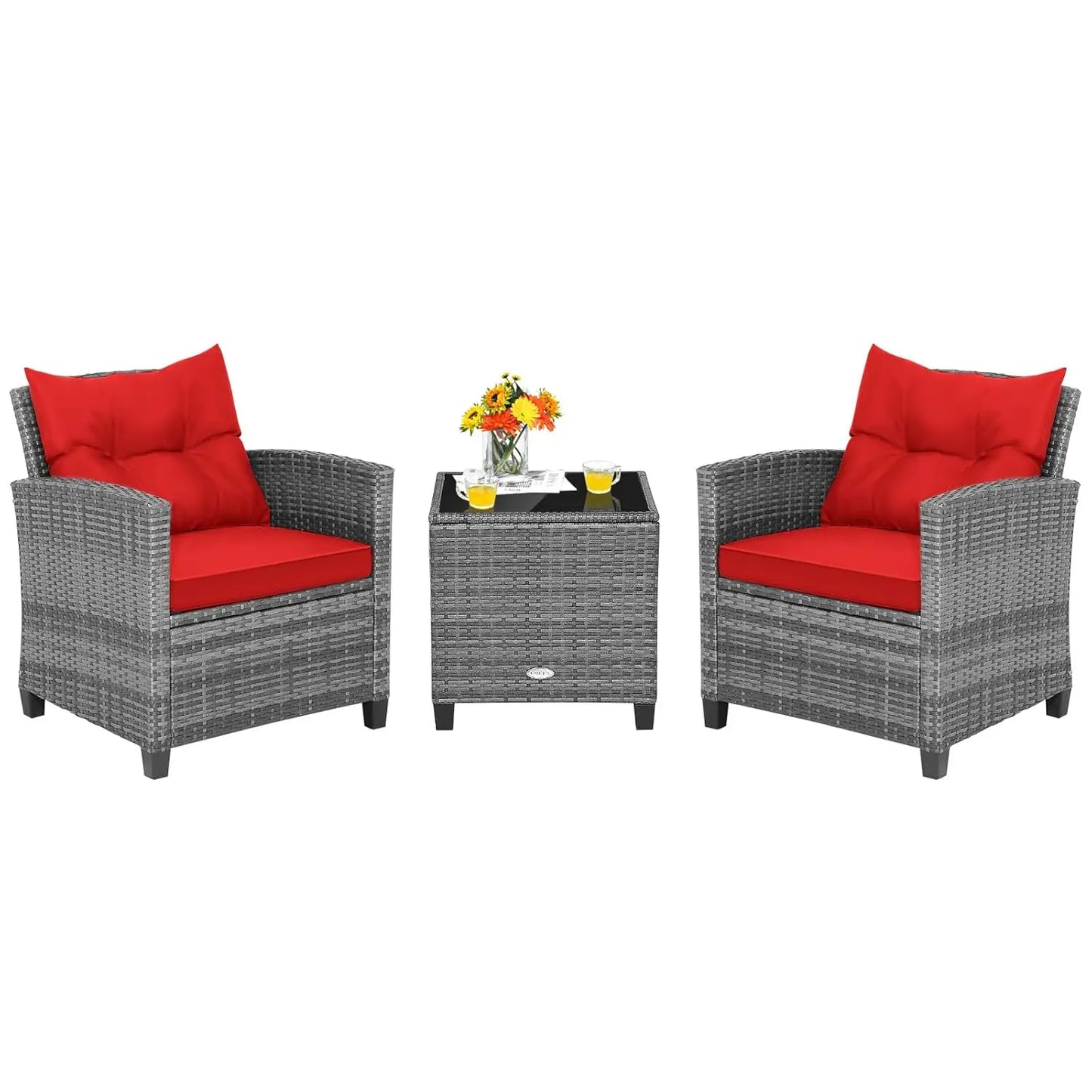3 Piece Outdoor Patio Furniture Set With PE Rattan Chairs And Glass Table