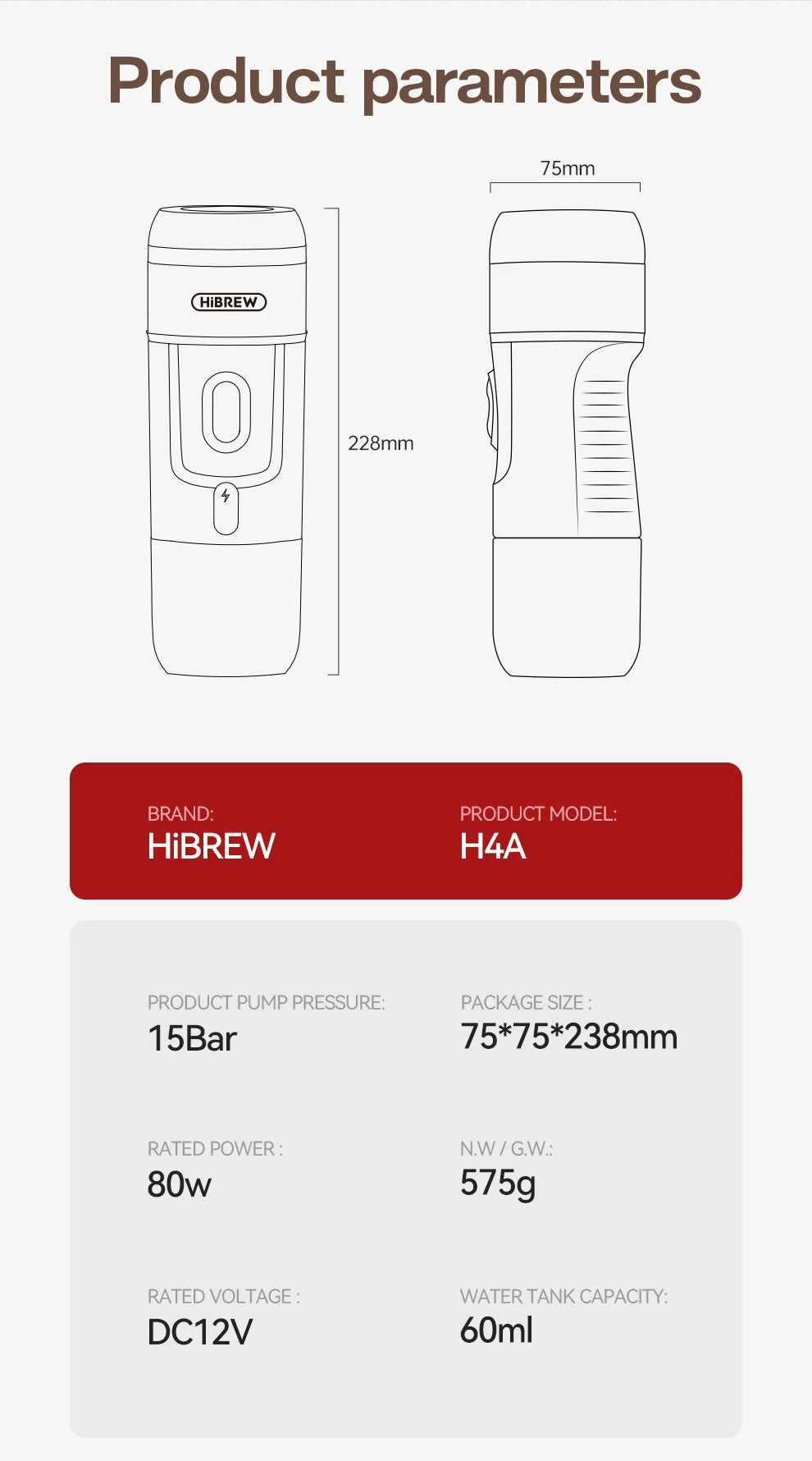 HiBREW Portable Espresso Coffee Machine For Car And Home 12V