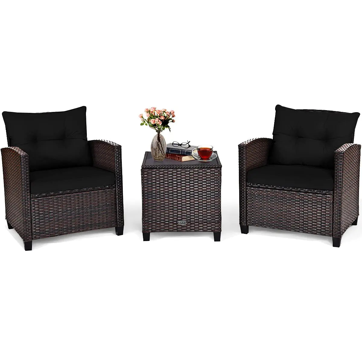 3 Piece Outdoor Patio Furniture Set With PE Rattan Chairs And Glass Table