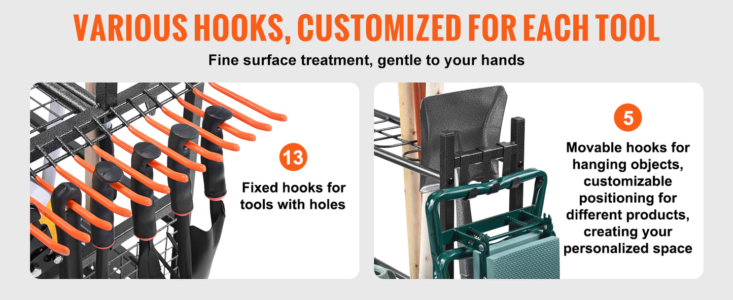 16 Slots Garden Tool Organizer Rack With Hooks And Wheels For Garage