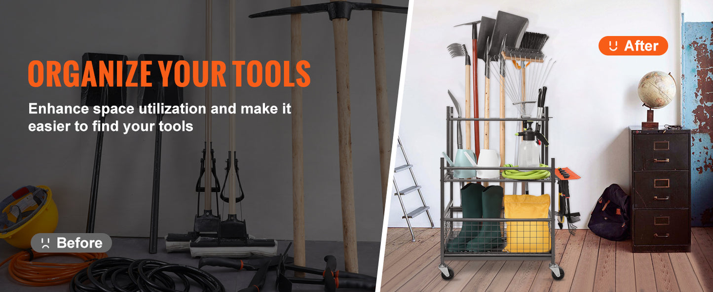 16 Slots Garden Tool Organizer Rack With Hooks And Wheels For Garage