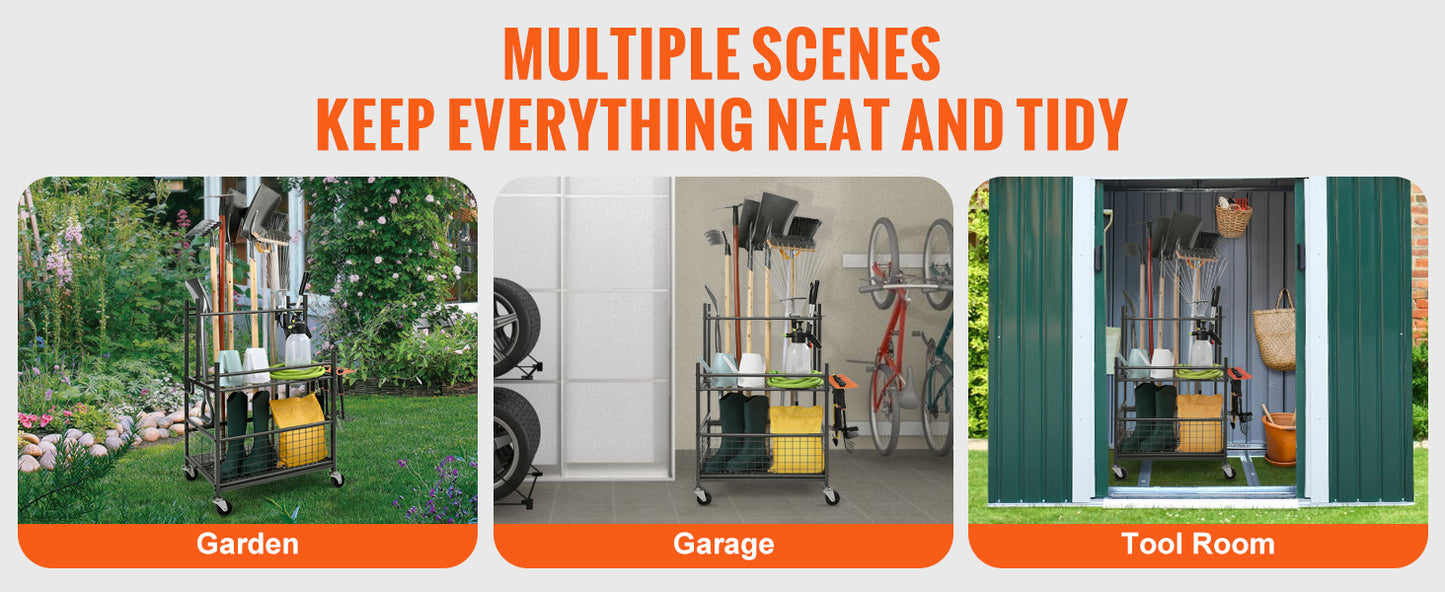 16 Slots Garden Tool Organizer Rack With Hooks And Wheels For Garage